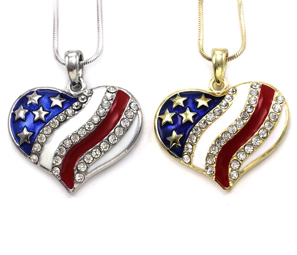 4th of July Independence Day Patriotic US Flag Heart Pendant Necklace Set s453gl