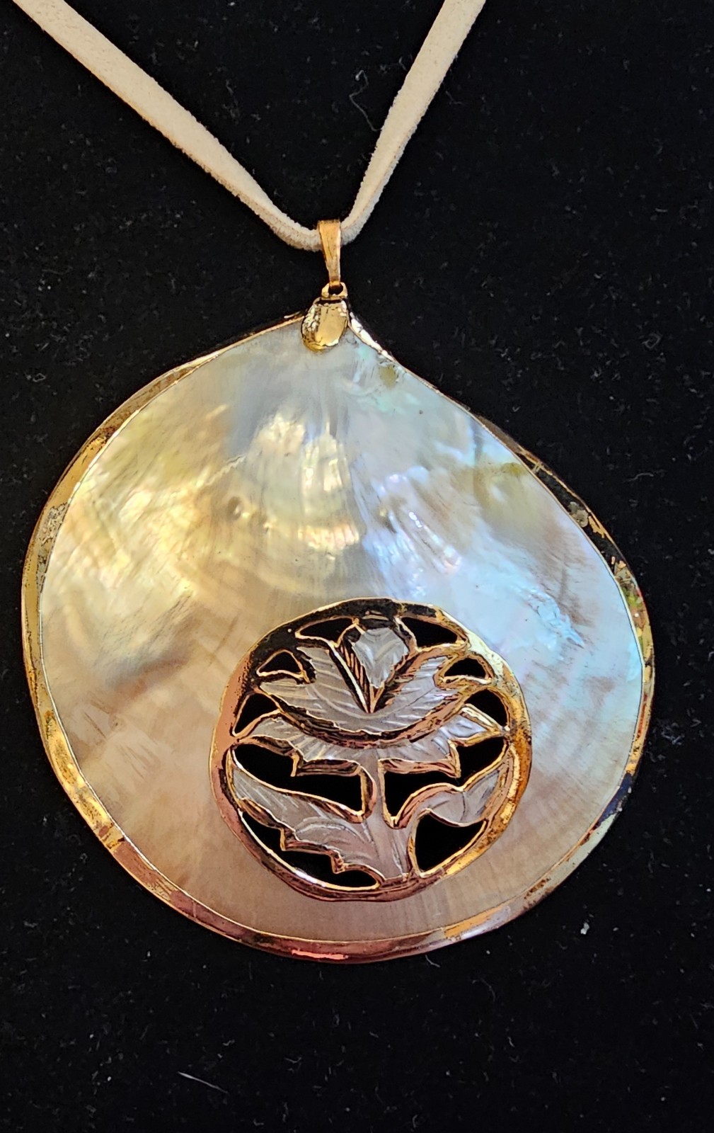 2 Large Mother of Pearl Seashell Necklaces w/Carved, Gilded & Stamped Components