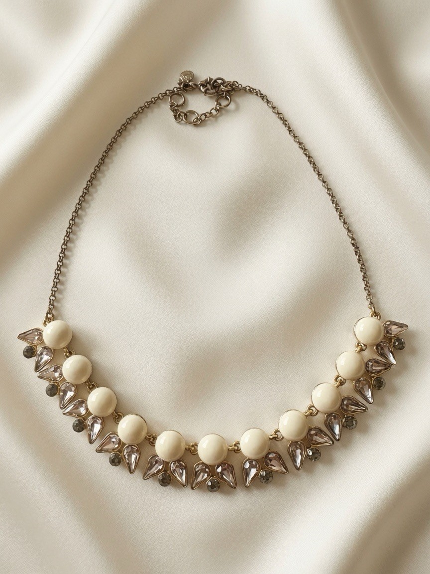 Vintage J.CREW Statement Necklace Gold Tone Rhinestone Cream Gem Collar Choker