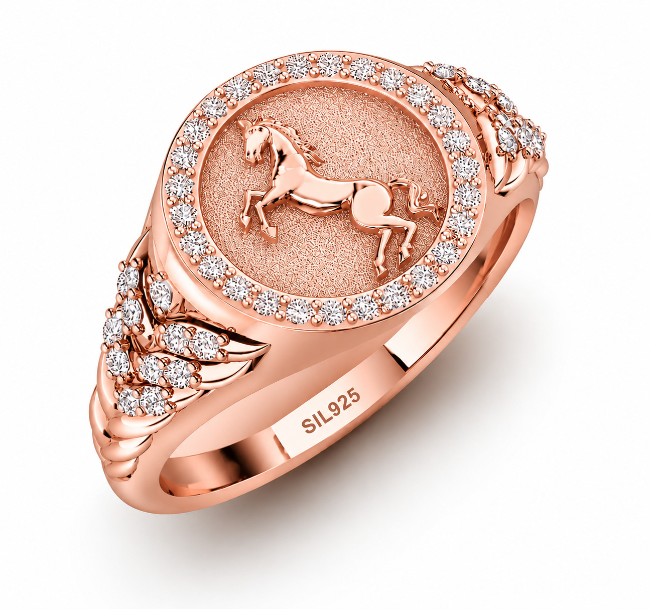 925 Sterling Silver Horse Signet Ring Moissanite Platinum Finish Custom
