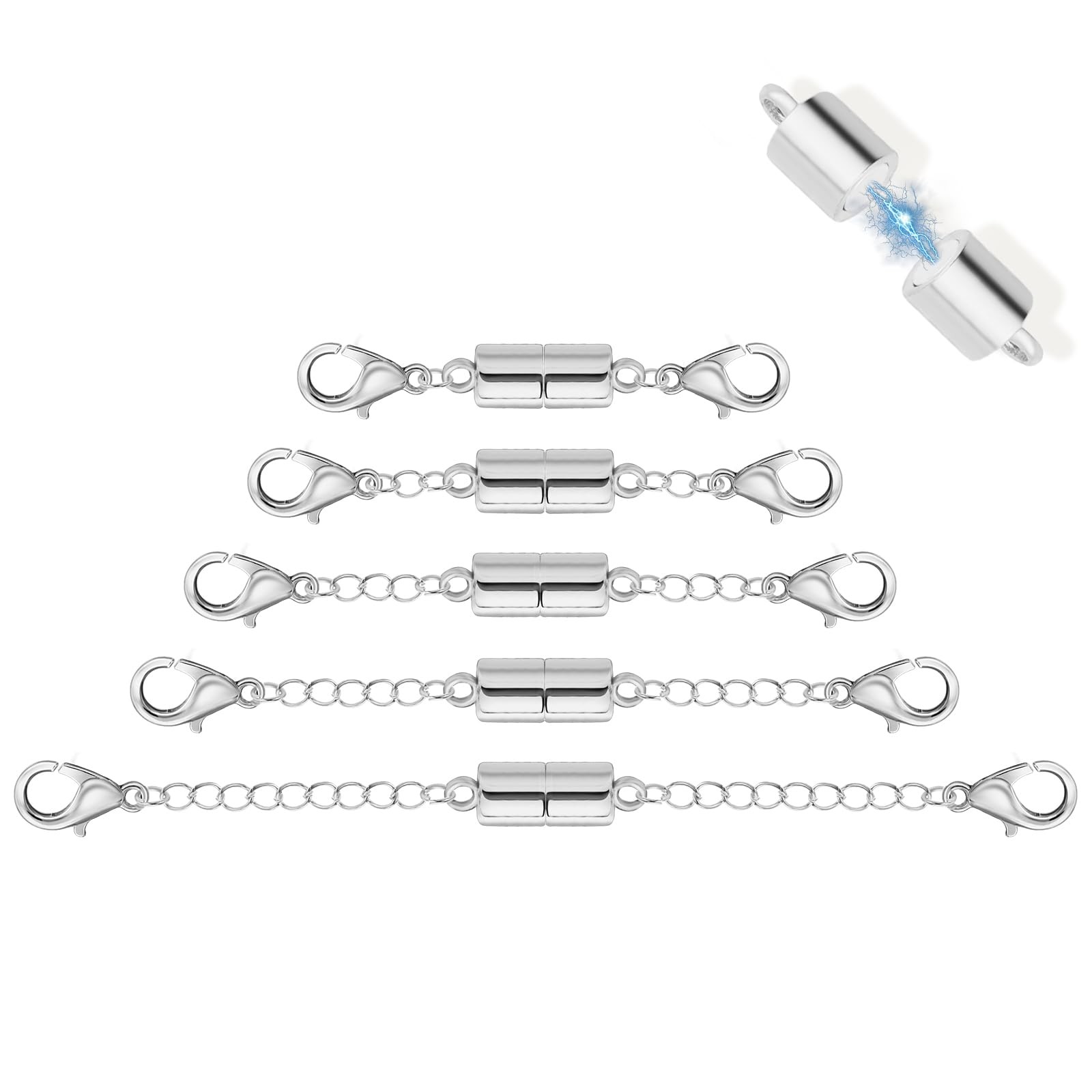5Pcs Silver Magnetic Necklace Extender, Magnetic Necklace Clasps and Closures wi