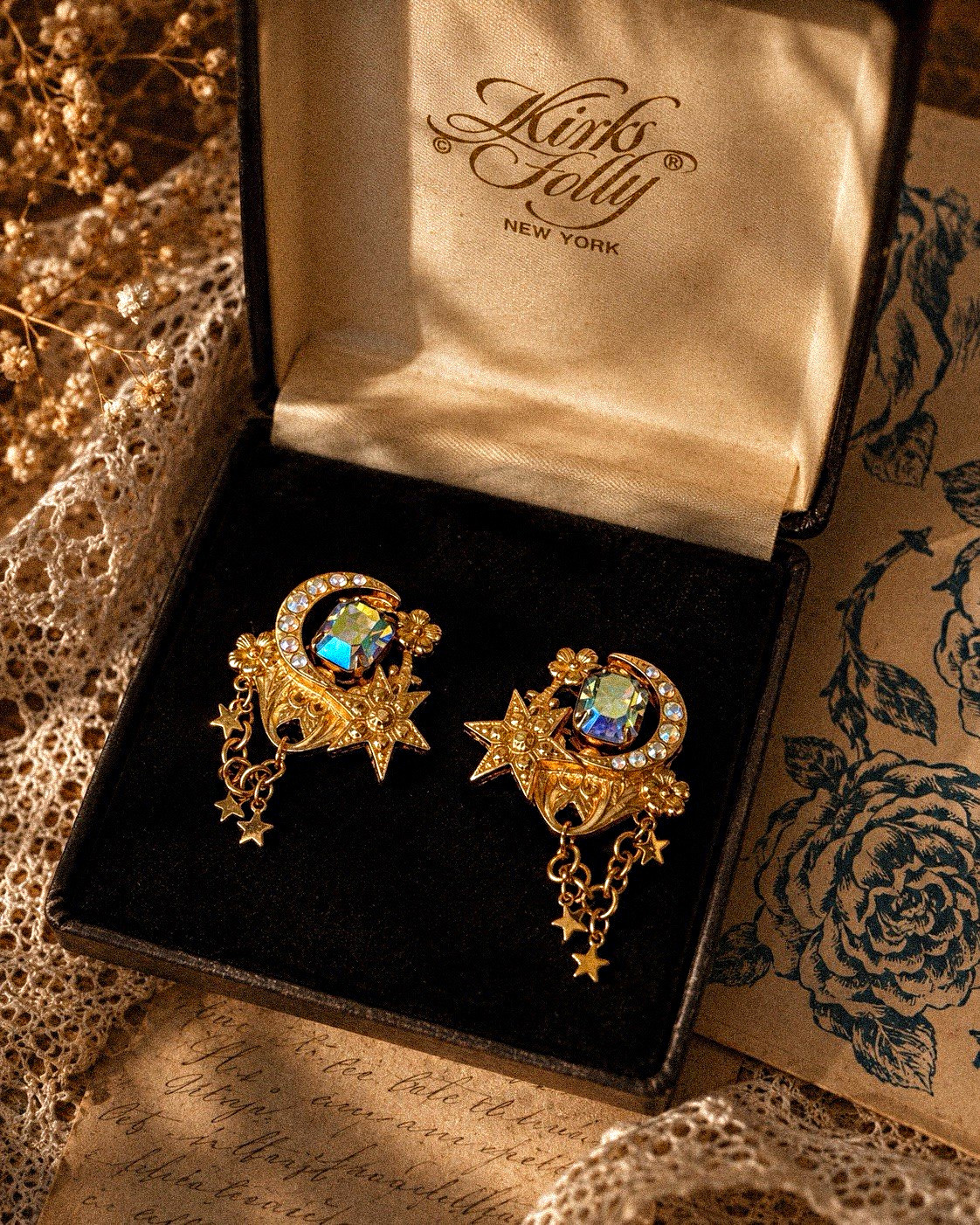 Kirks Folly Celestial Moon Star Aurora Borealis Clip On Earrings