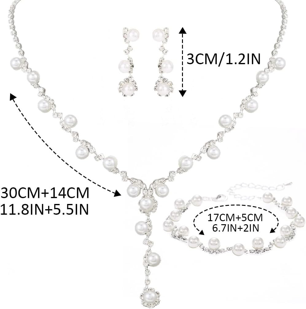 Silver Pearl Bridal Wedding Jewelry Set Rhinestone Necklace Earrings Bracelet Se