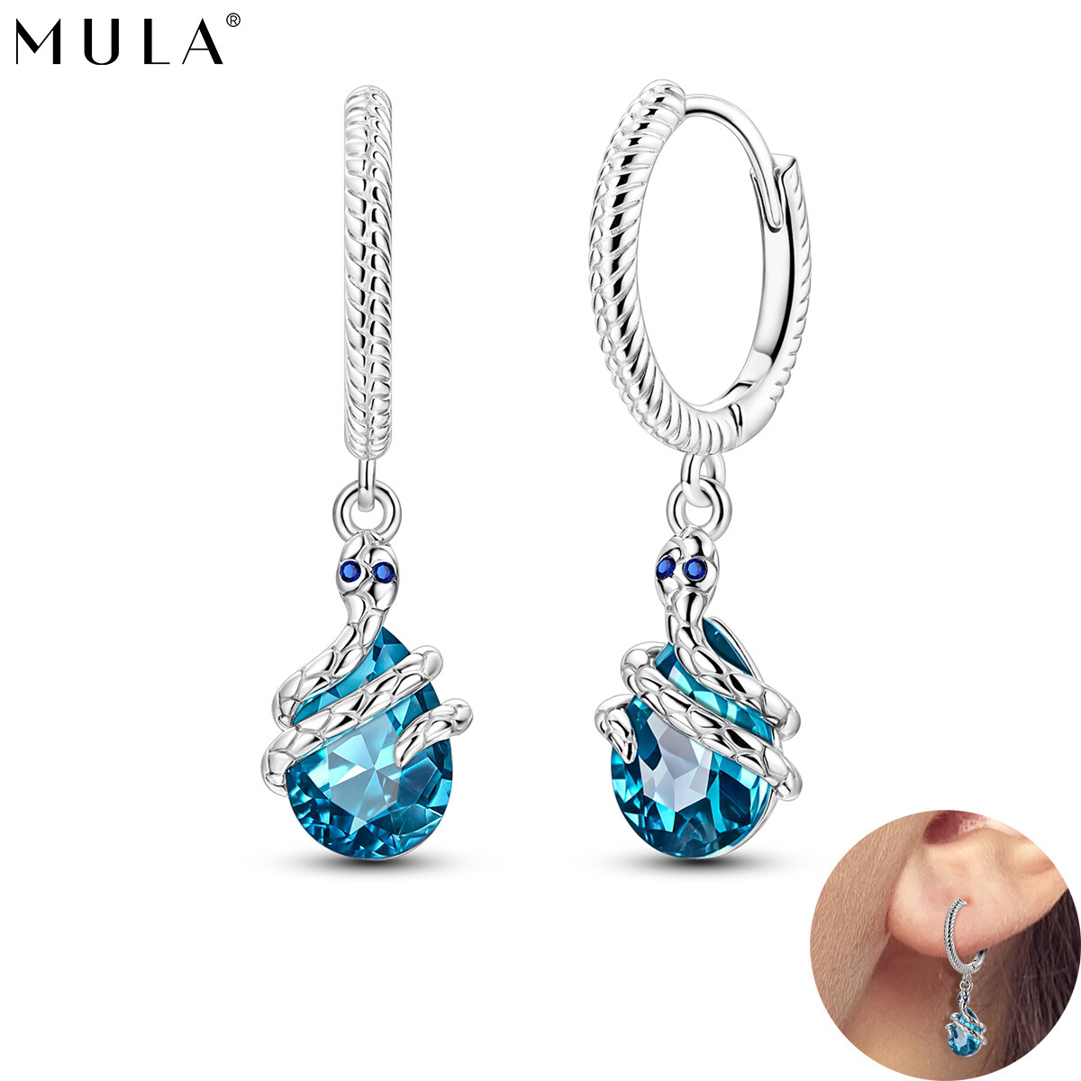 MULA 925 Sterling Silver Wrap Snake Hoop Earrings Blue AAA CZ For Women Jewelry