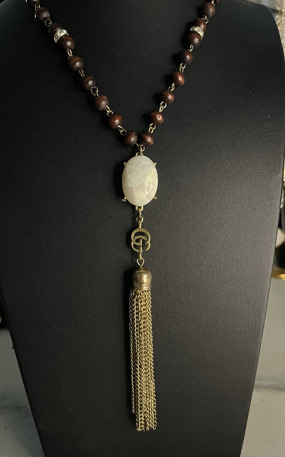 Zipper Pull Charm On Mixed Media Wood Goldtone Tassel Long Necklace