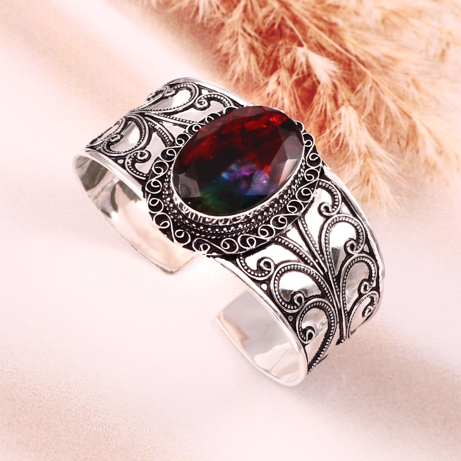Handmade Ammolite Sterling Silver Cuff Bracelet