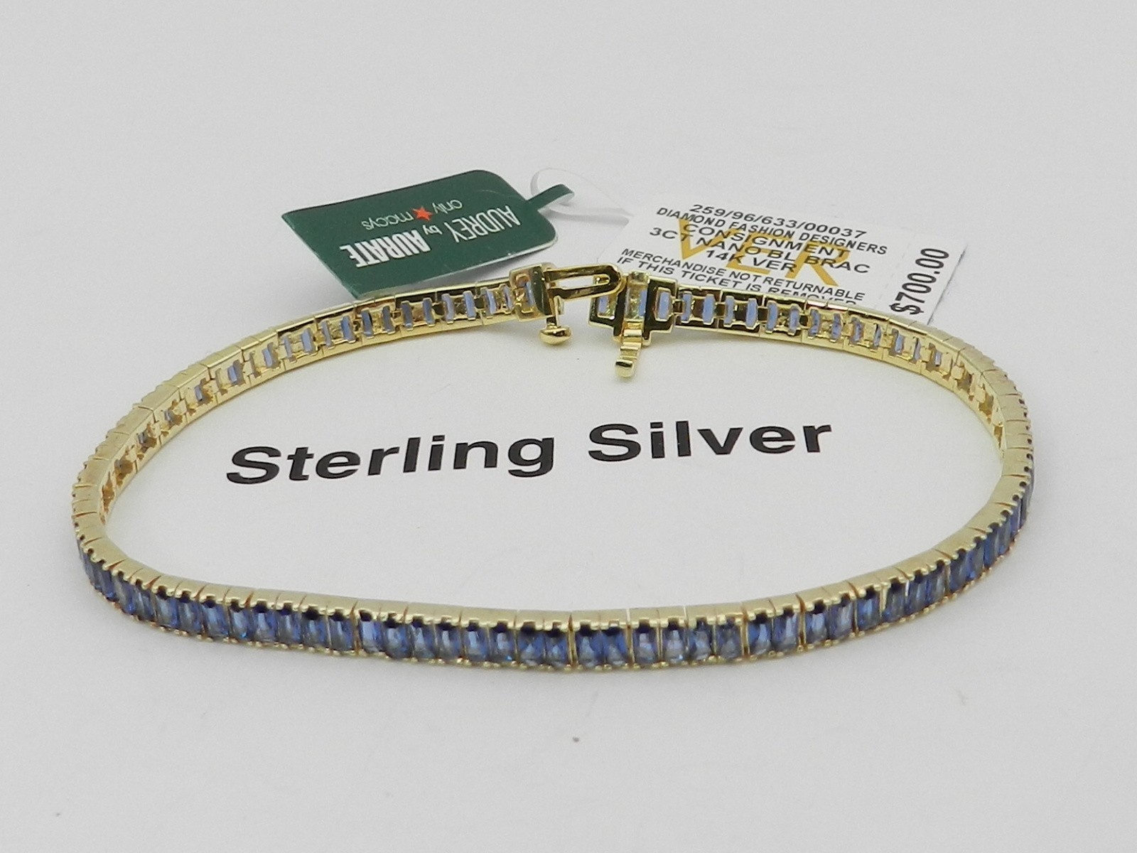 Audrey by Aurate Nano Blue Saphire Baguette Tennis Bracelet in Gold over Silver