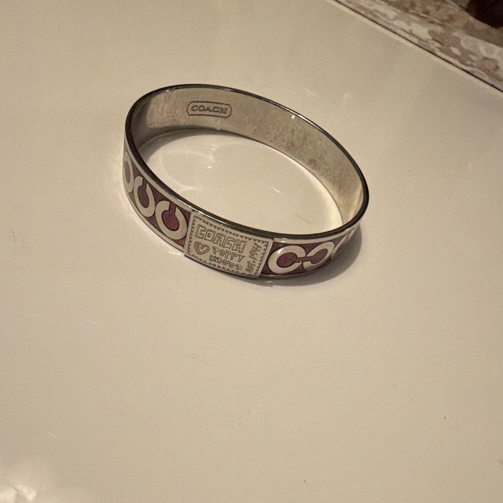 Coach Poppy Signature Logo Purple Enamel Silver Tone Bangle Bracelet Signed