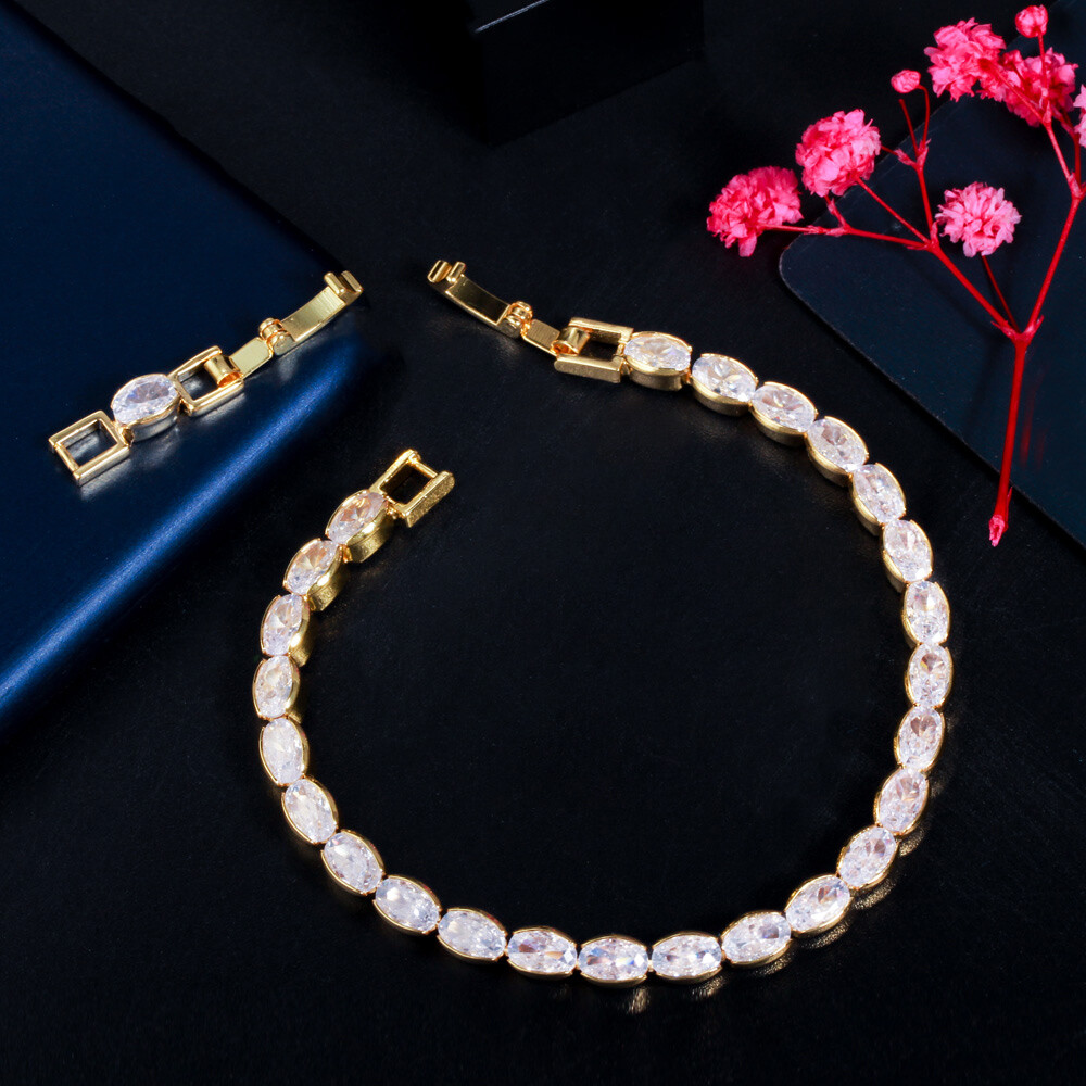 Silver Plated Cubic Zirconia Crystal Oval Bracelet Bridal Pageant Bangle Jewelry