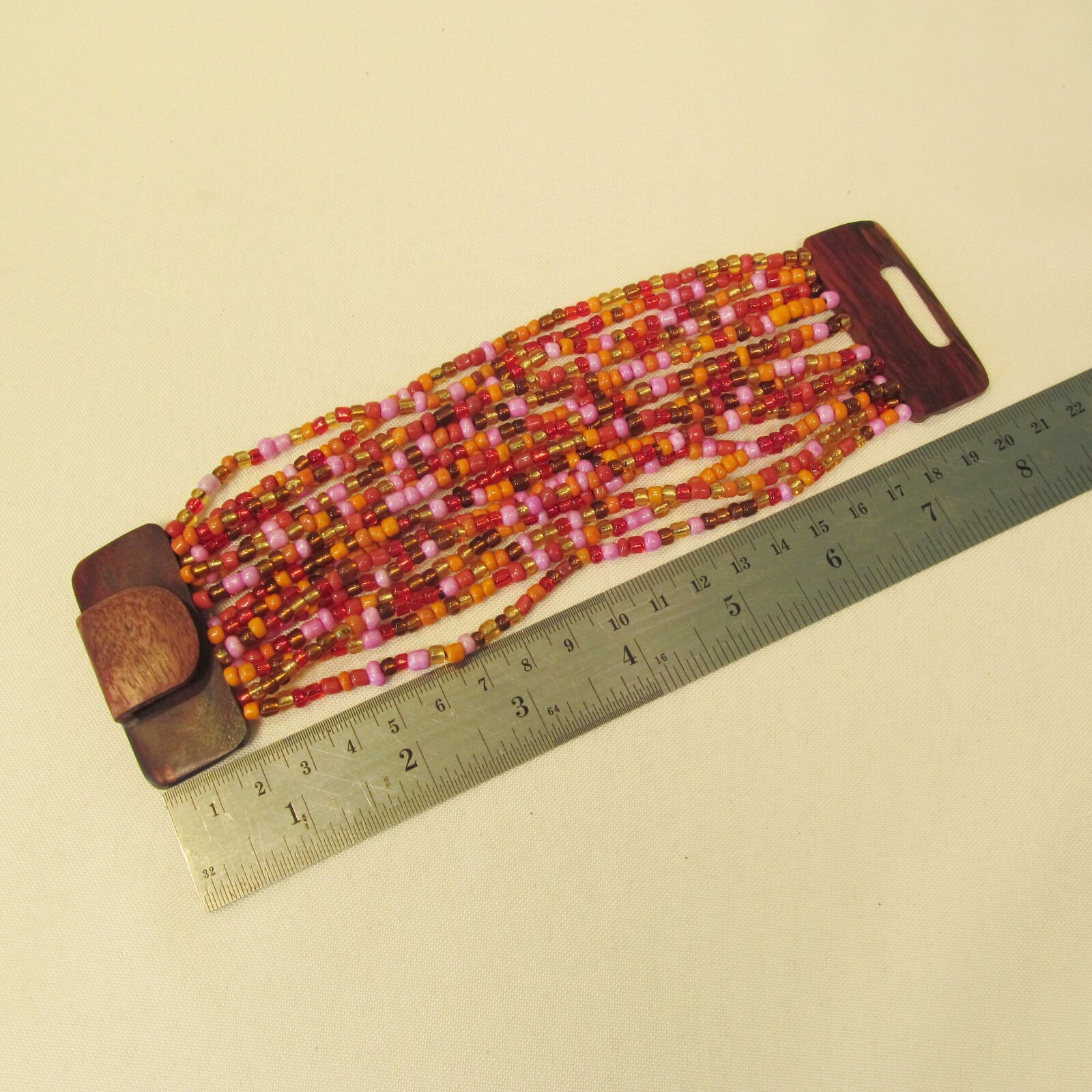 Orange Pink Gold Handmade Beaded Stretch Wood Buckle Seed Bead Bali Bracelet