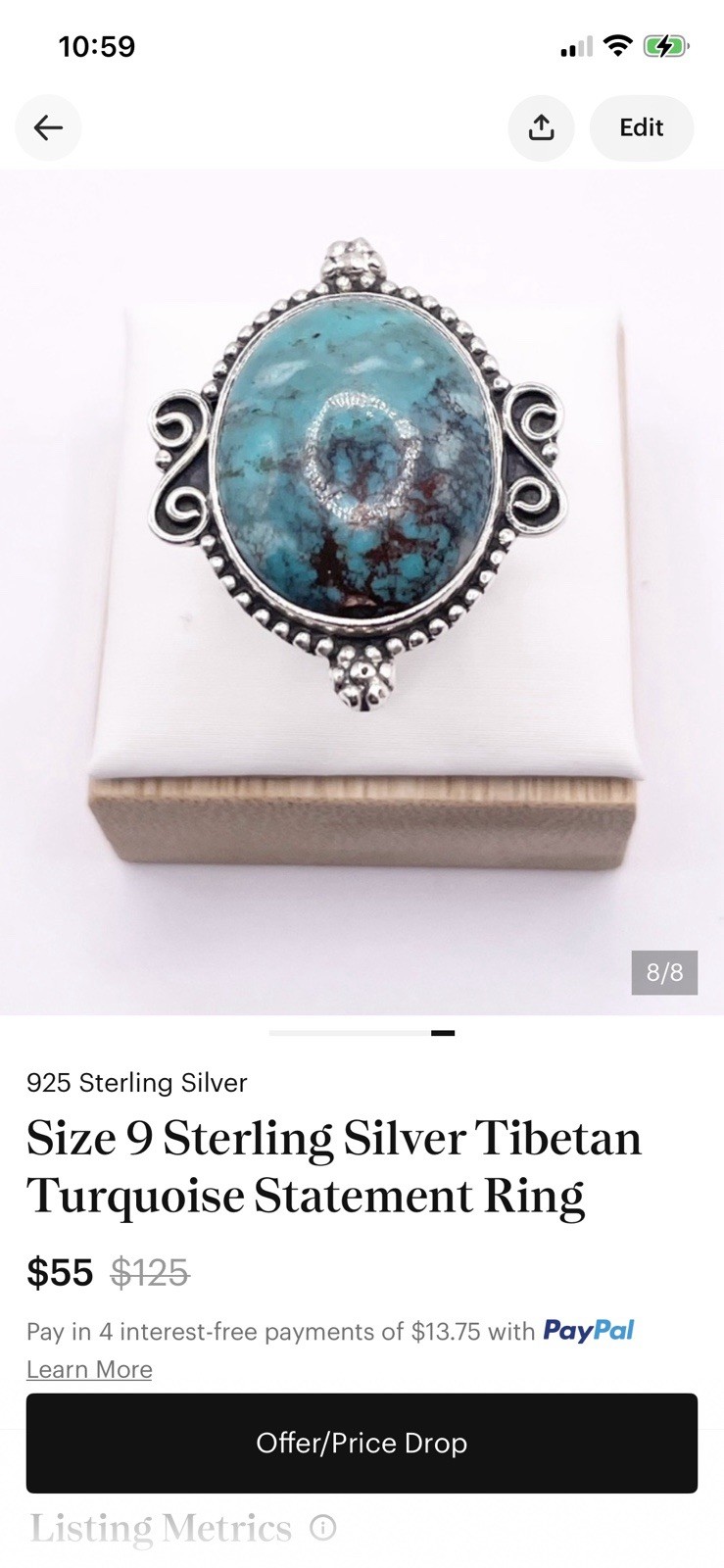 Tibetan Turquoise Oval Bezel Statement 925 Sterling Silver Ring Band Size 8.5