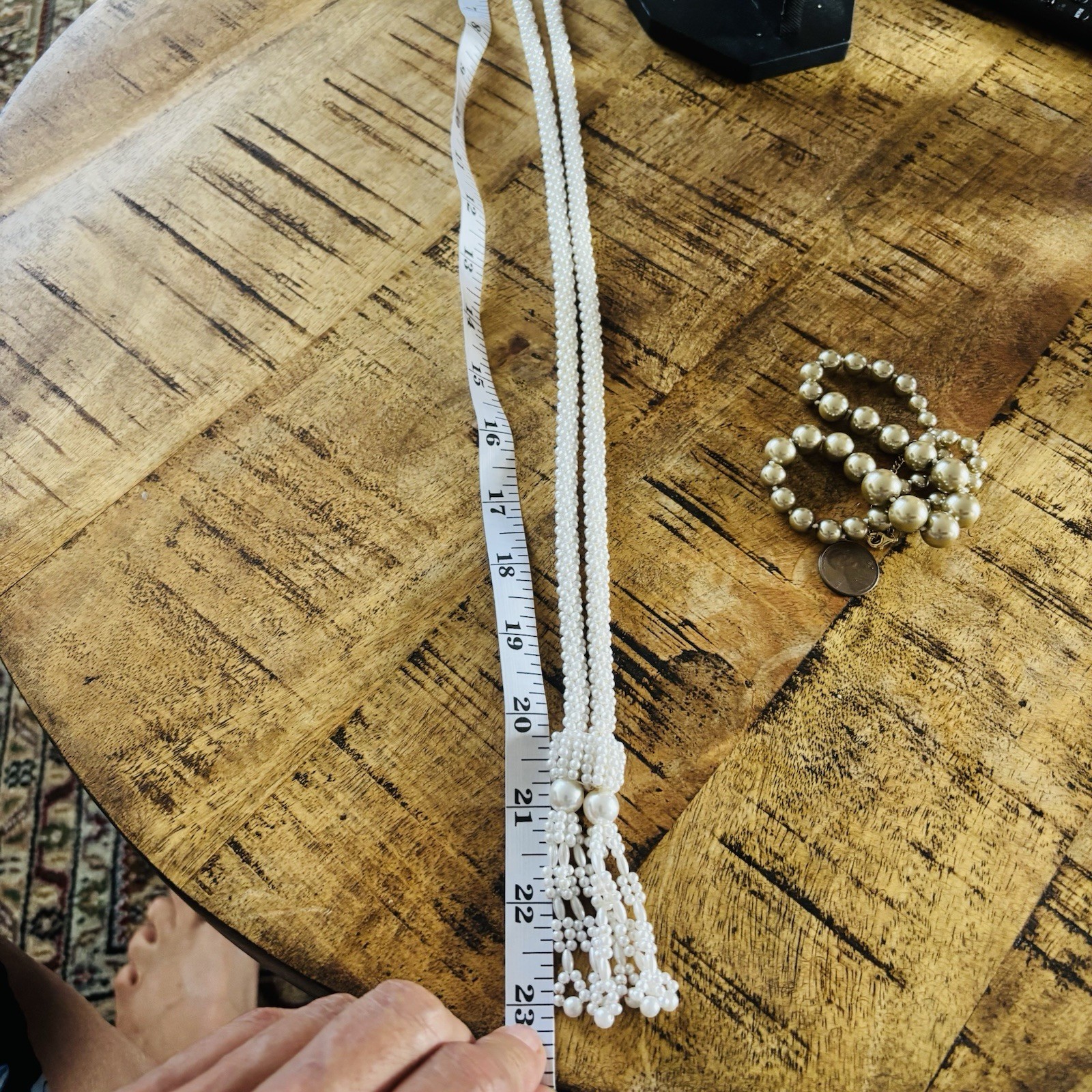 Faux Seed Pearl Lariat Necklace Woven Slider Tassel Flapper Boho VTG