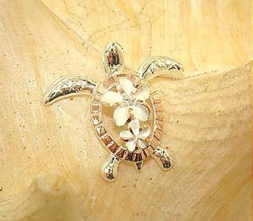 20MM 2-TONE ROSE GOLD PLATED 925 SILVER HAWAIIAN HONU TURTLE PLUMERIA CZ PENDANT