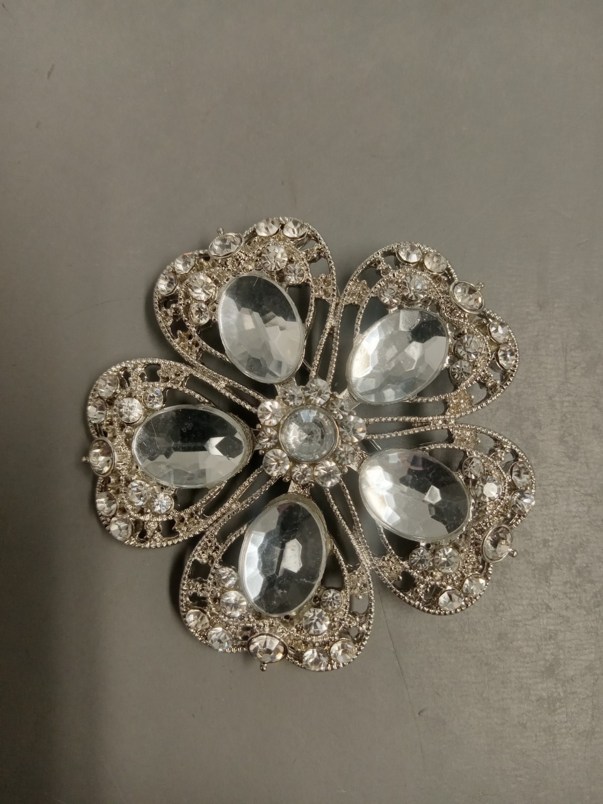 Large 2″ Clear Rhinestone Cluster Flower Brooch Pin Silver Tone Fashion Costume