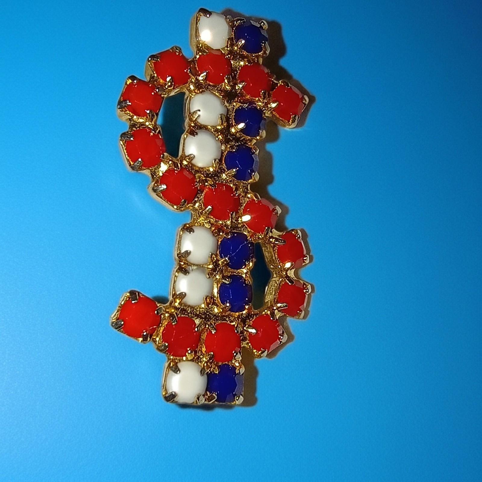 Gold Tone Red White Blue Rhinestone S Brooch Pin Patriotic Theme Prong Set