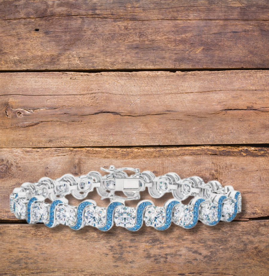 Shimmering Blue Wave Simulated Diamond Crystal Silver Plated Bracelet 7.5
