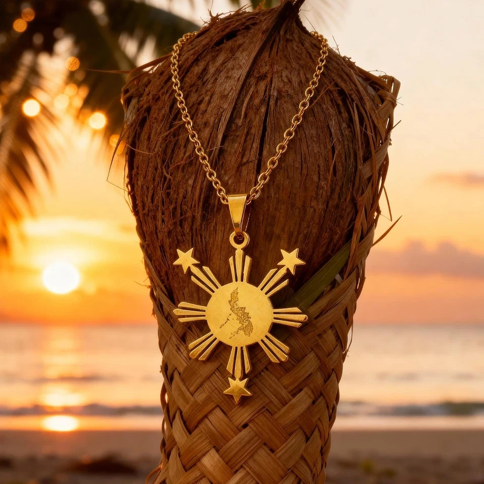 Philippines Sun Necklace for Women Filipino Heritage Gold Pendant Stainless Stee