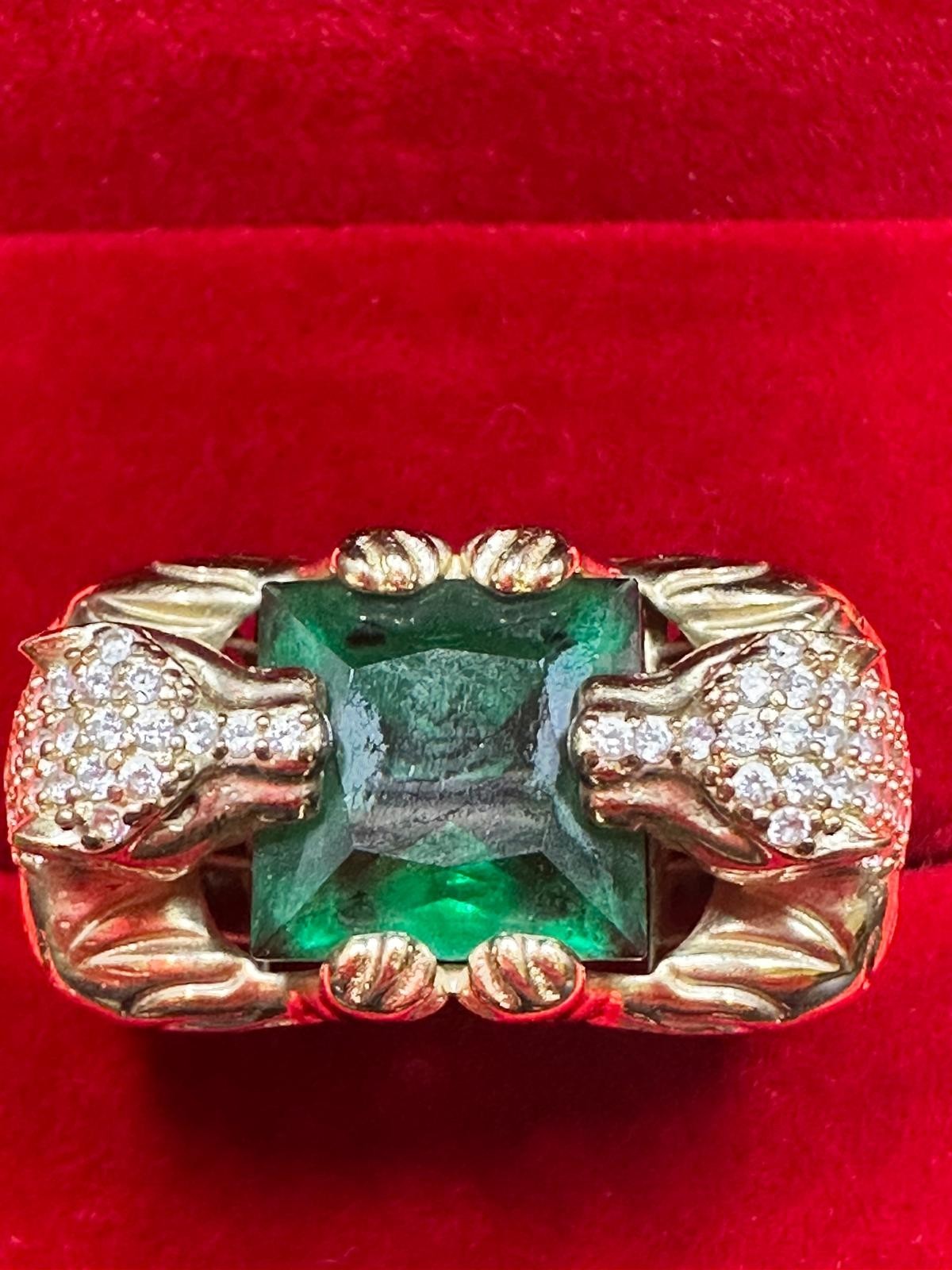 10K Double Panther Head Ring With Green Topaz Stone