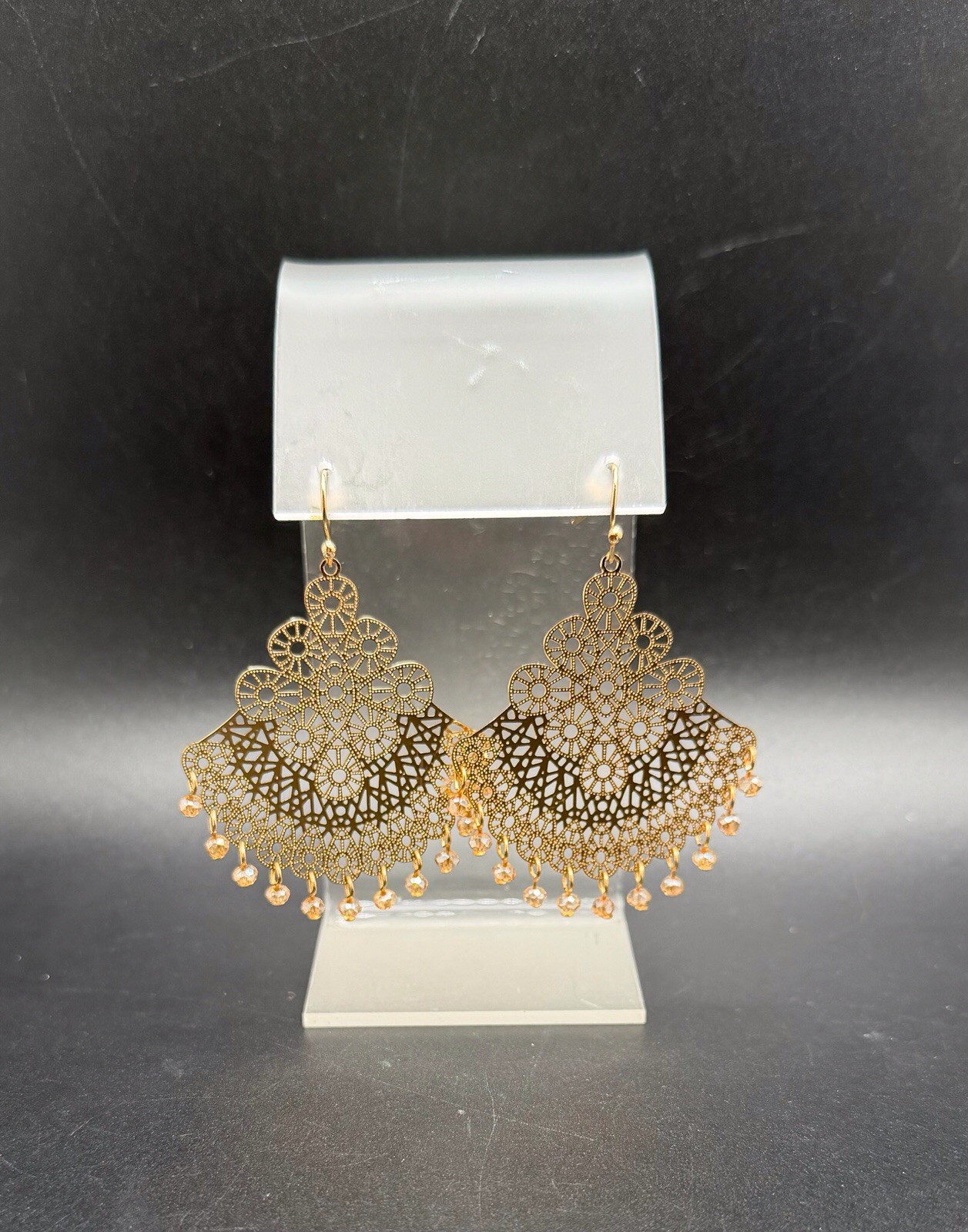 Gold Tone Filigree Earrings Dangles With Bead Accents Hook Pierced Ears 2.25”