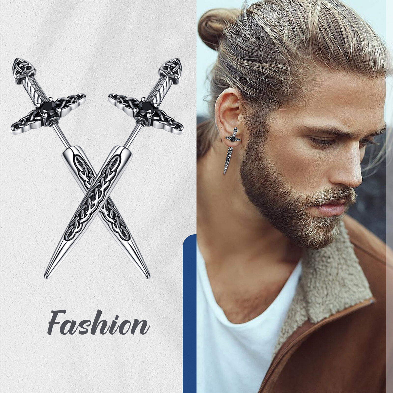 Men’s Gothic Punk Sword Dagger Earrings Irish Celtic Knot Stainless Steel Studs