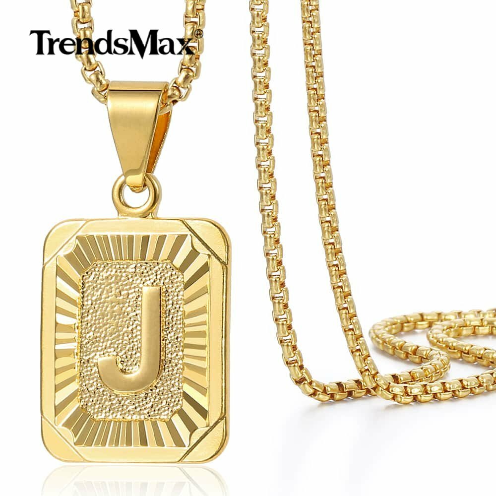 Yellow Gold Plated Stainless Steel Initial Letter A-Z Pendant Necklace Box Chain
