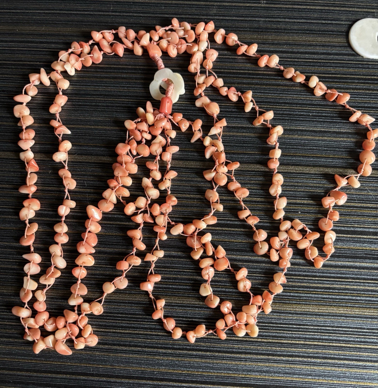 Coral Nugget Chip Bead Multi Strand Torsade Necklace Mother of Pearl Clasp