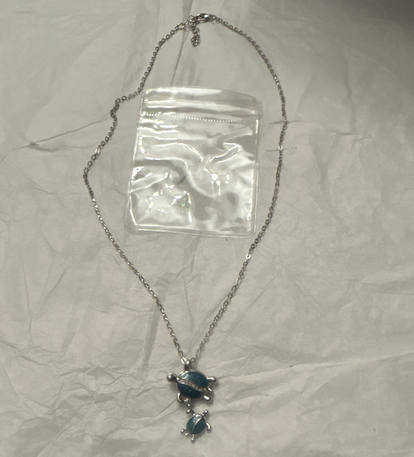 Silver Tone Cable Chain Necklace Blue Turtle Mom and Baby