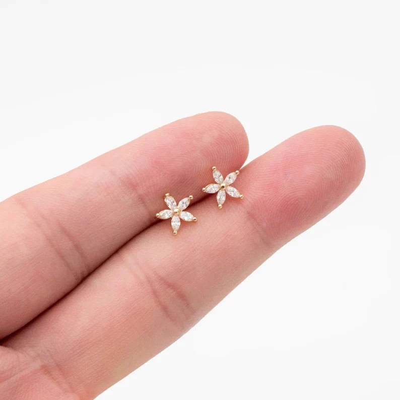 2 Ct Marquise Cut Simulated Diamond Flower Stud Earrings 14k Yellow Gold Plated