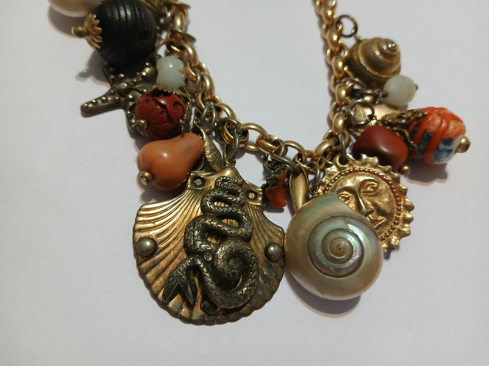Gold Tone Nautical Charm Necklace SHELLS REAL Starfish , Coral, SEA SNAKE