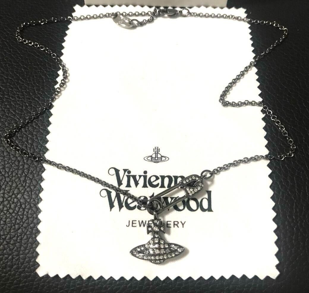 Orb Safety Pin Necklace Black Chain Pendant with drawstring