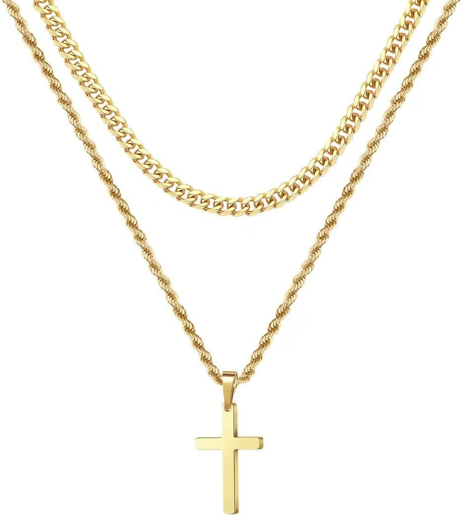 Layered Cross Necklaces for Men – 18K Gold Plated Cross Necklaces Chain for Men