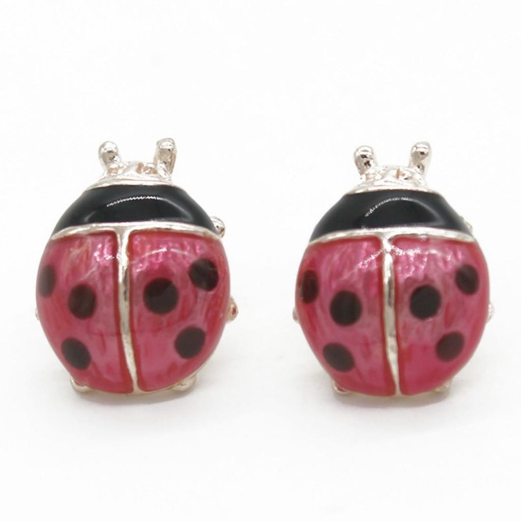 CUTE LADYBUG EARRINGS 0.5″ Small Red Black Enamel Insect Girl’s Gift Gold Plate