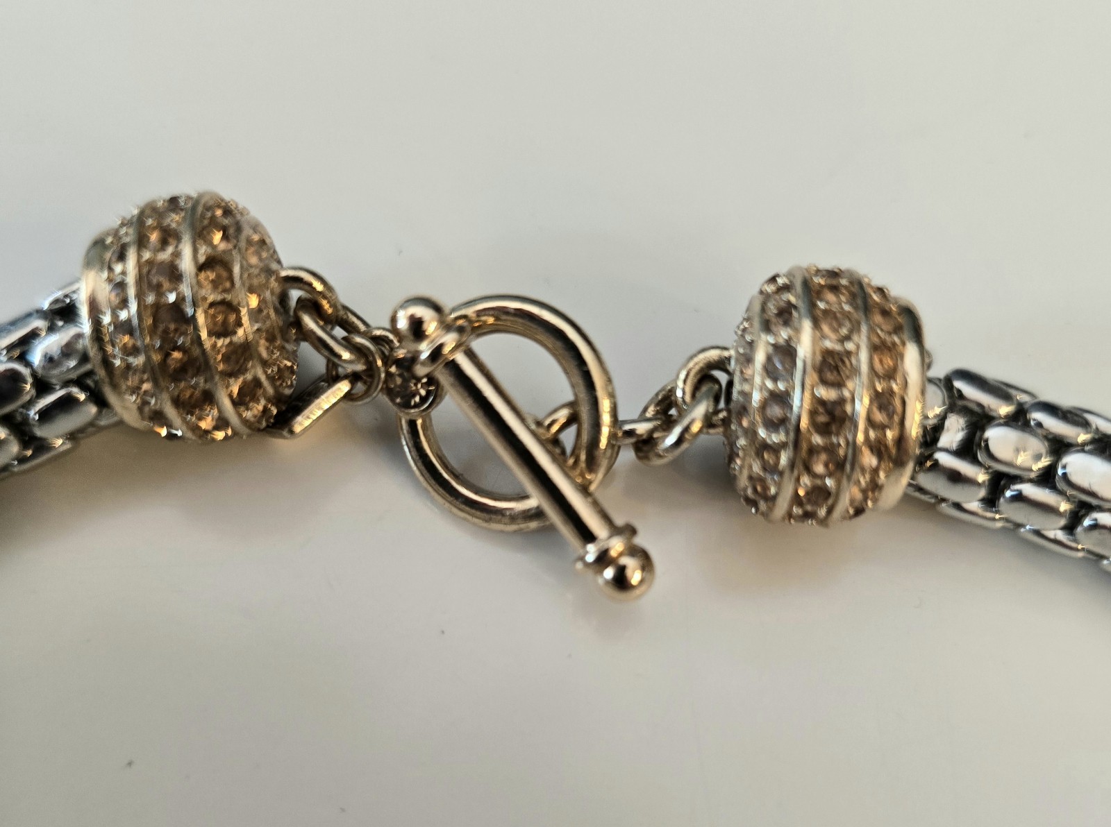Banana Republic Silver Tone Mesh Necklace Gold And Rhinestones 17″ Toggle Clasp