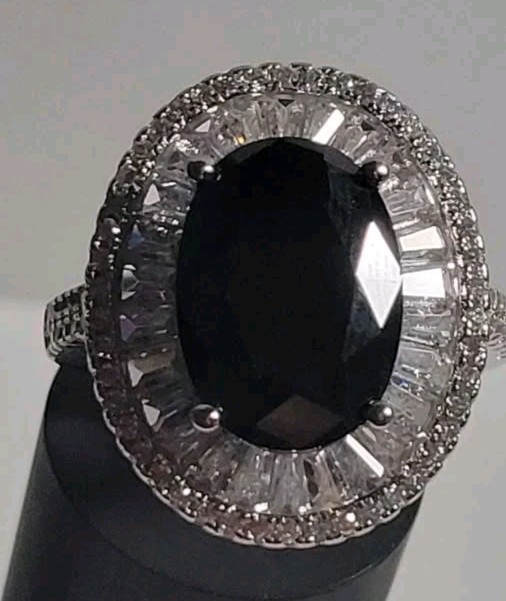 Simulated Black and White Diamond Double Halo Ring in Silvertone (Size 7.0)