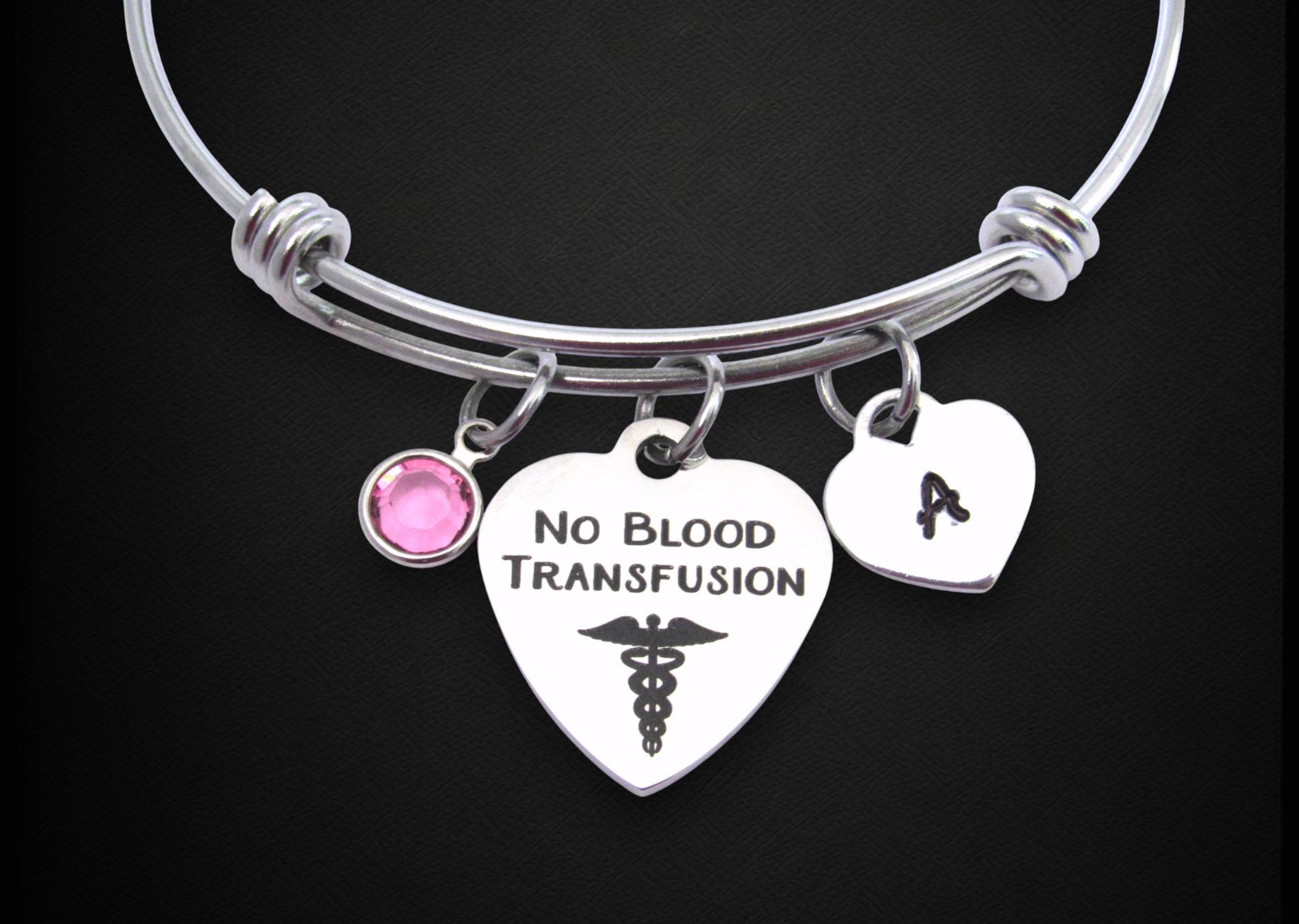 No Blood Transfusion Medical Bracelet w/ Initial & Birthstone, Personalized Gift