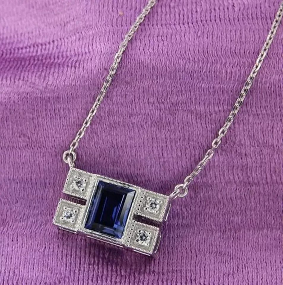 Emerald Cut Simulated Blue Sapphire Women’s Charm Pendant 14k White Gold Plated
