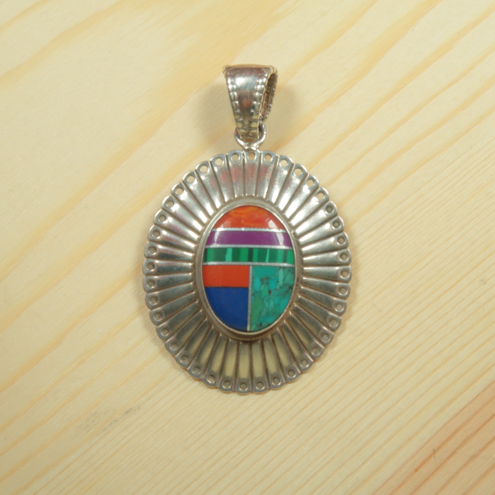 Sterling Silver Turquoise Marcasite Coral Lapis Lazuli Oval Pendant
