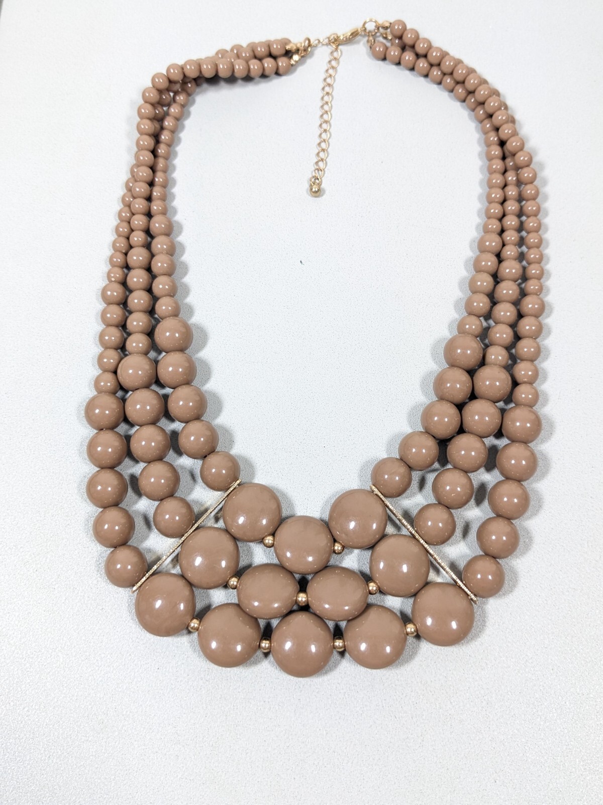 Coastal Brown Beige Acrylic Bead Triple Strand Layered Statement Necklace 21 in