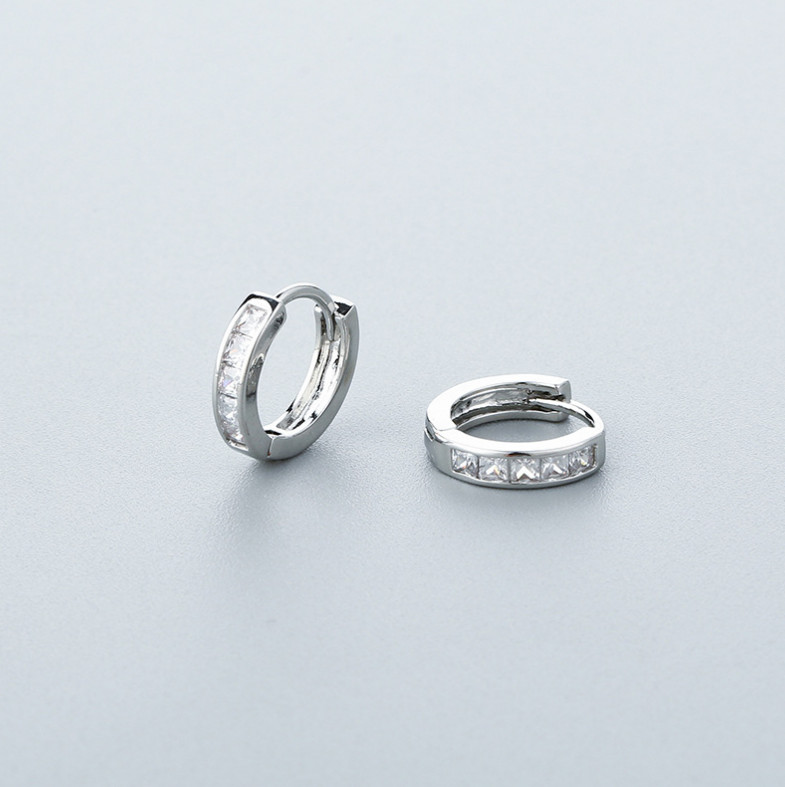 Men Women White Gold Plated Clear Square CZ Huggie Hoop Snap Earrings Gift I36