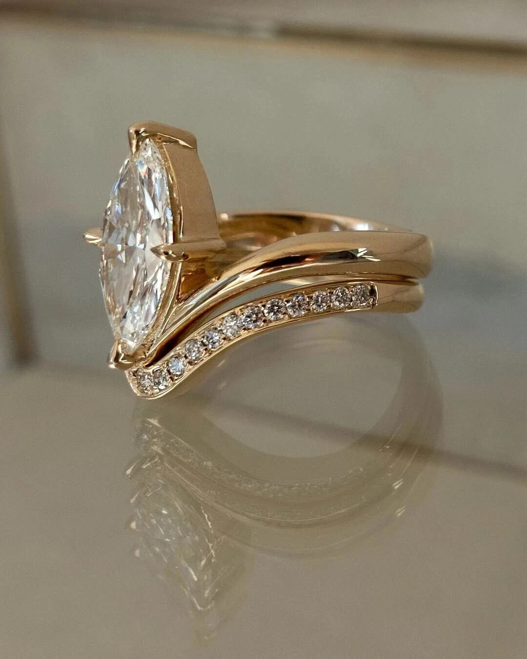 3TCW Marquise Cut Moissanite Bridal Set Engagement Ring 14K Yellow Gold Plated