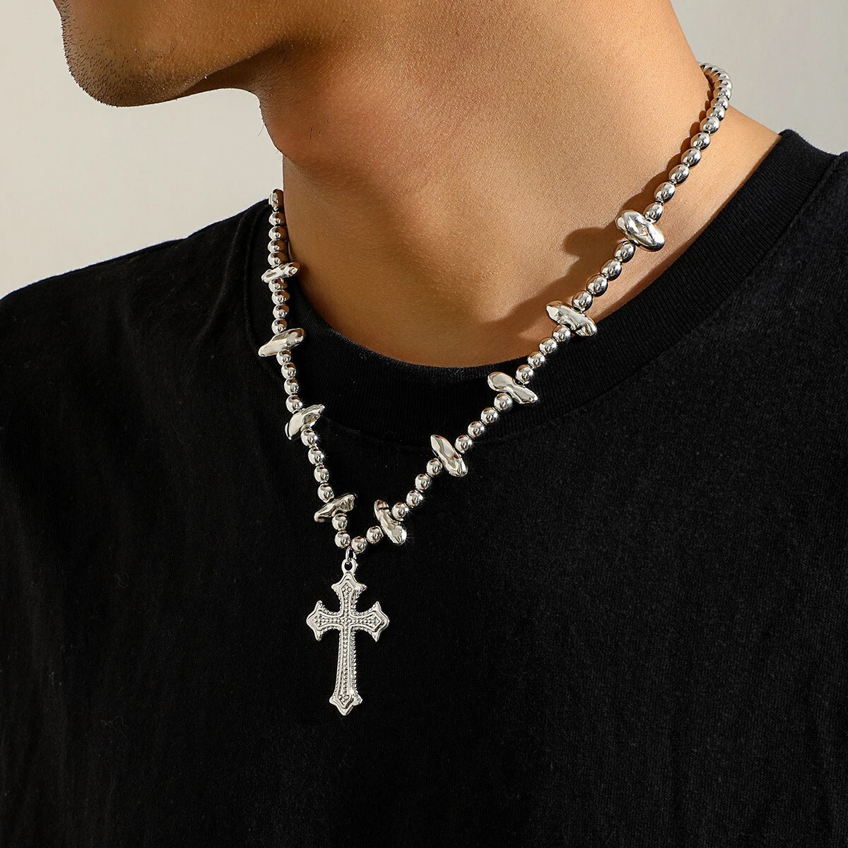 Cross Pendant & CCB Strand Beads Chain Necklace Choker Hip Hop Jewelry