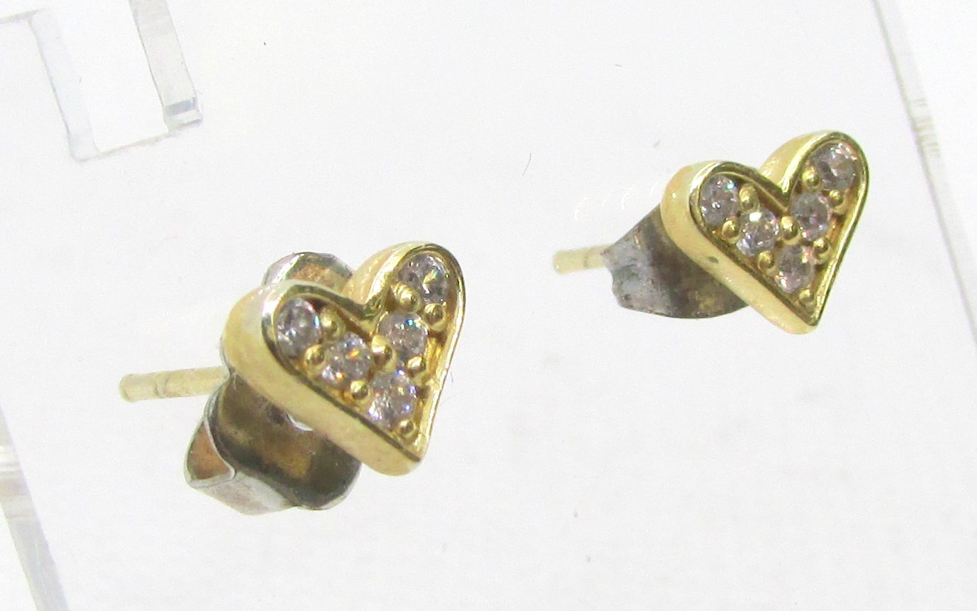 Gold Over 925 Sterling Silver Cubic Zirconia Heart Post Earrings 7.1X5.8mm – 1g