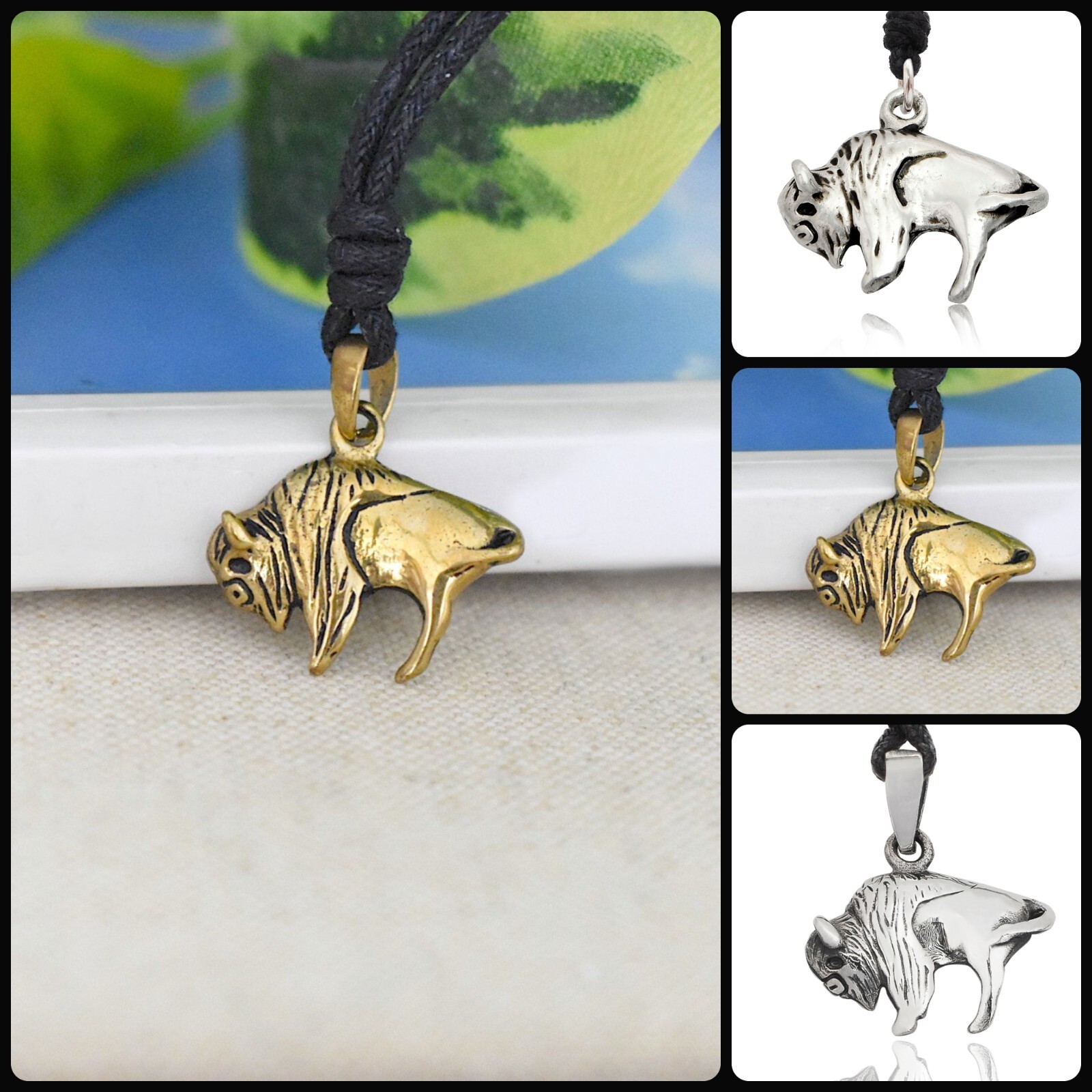 Bison Buffalo 92.5 Sterling Silver Pewter Brass Charm Necklace Pendent Jewelry