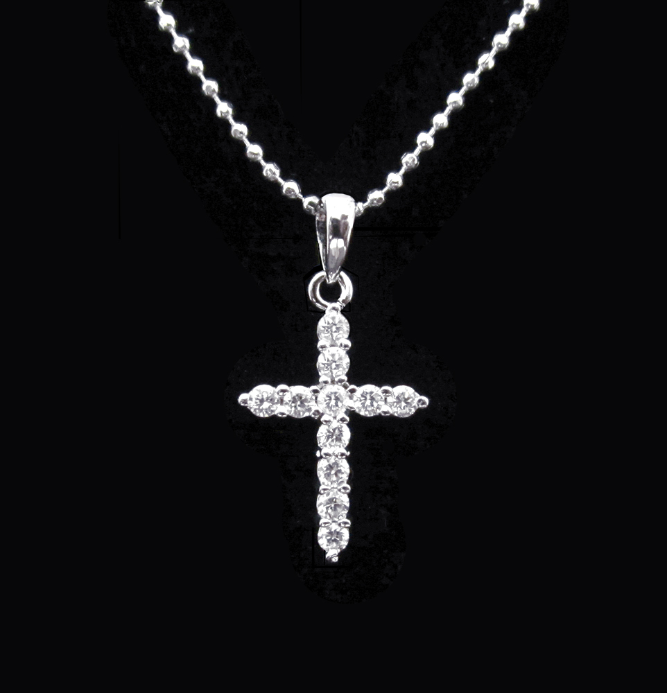 CZ CRYSTAL PAVE SETTING SMALL CROSS PENDANT CHARM NECKLACE SILVER TONE CLEAR