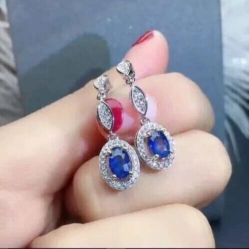 Halo Drop/Dangle Earrings 2Ct Oval Cut Simulated Sapphire 14k White Gold Plated