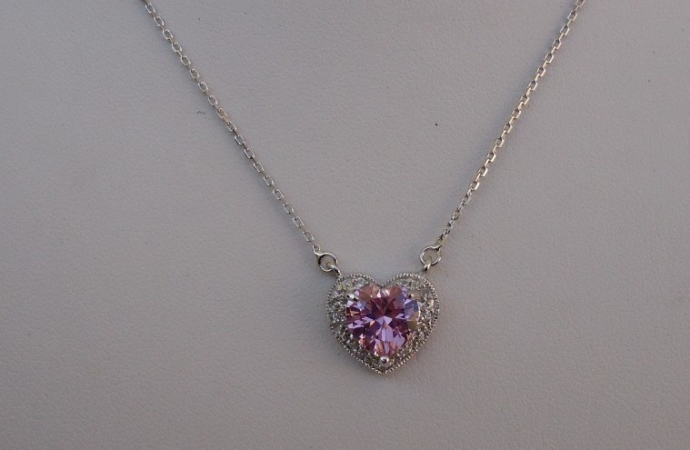 STERLING SILVER HEART NECKLACE PENDANT 3.50 CT PINK /WHITE LAB CREATED DIAMOND