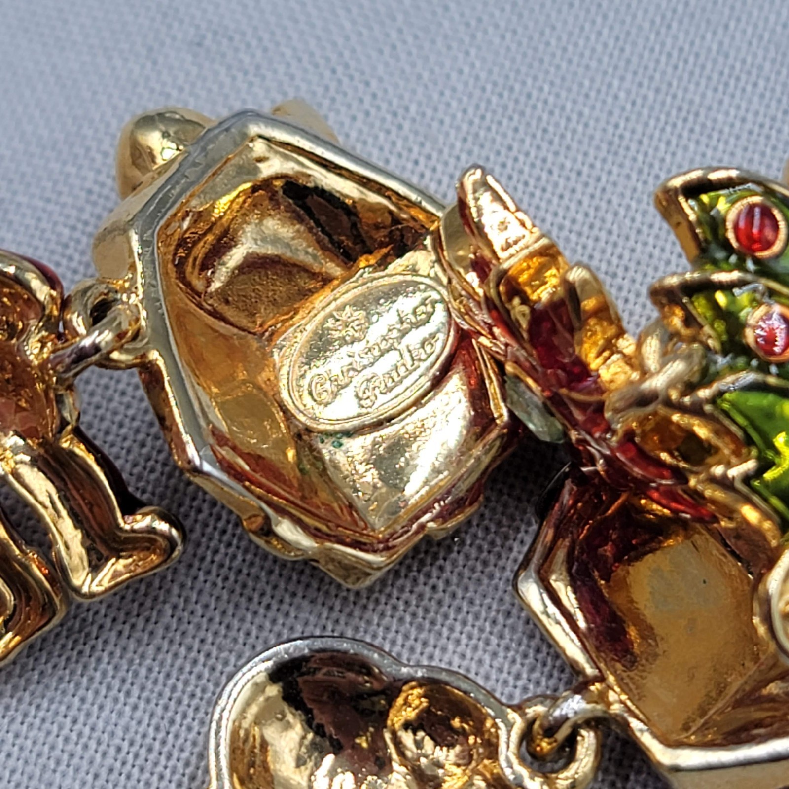 Christopher Radko Christmas Panel Bracelet Gold Plated Enamel 7.25 in