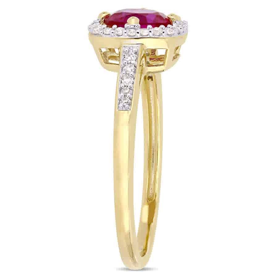 AMOUR 1 CT TGW Created Ruby and 1/7 CT TW Diamond Halo Ring In 10K Yellow Gold