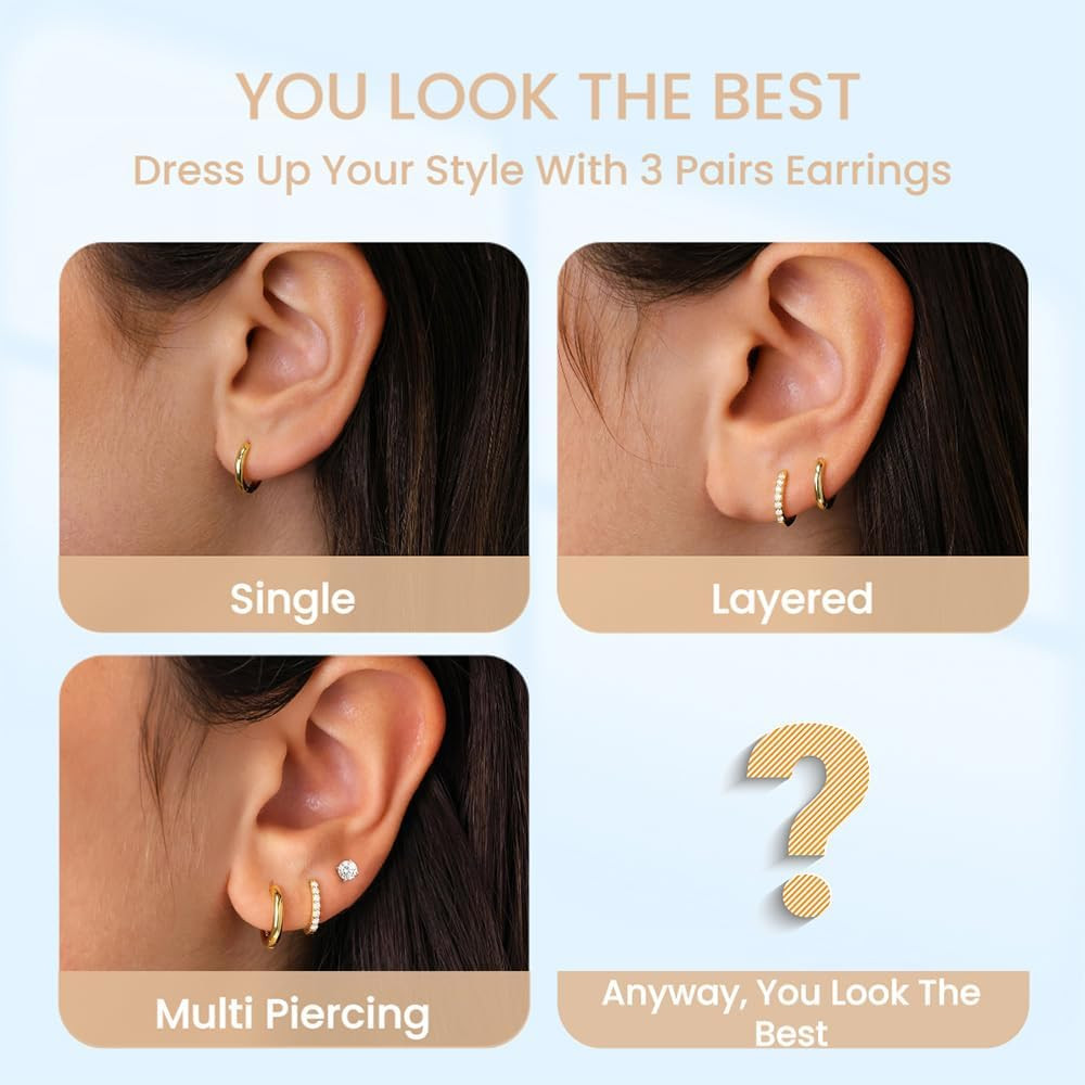 Small Gold Huggie Hoop Stud Earrings for Women Hypoallergenic Ear Stack Set | Li
