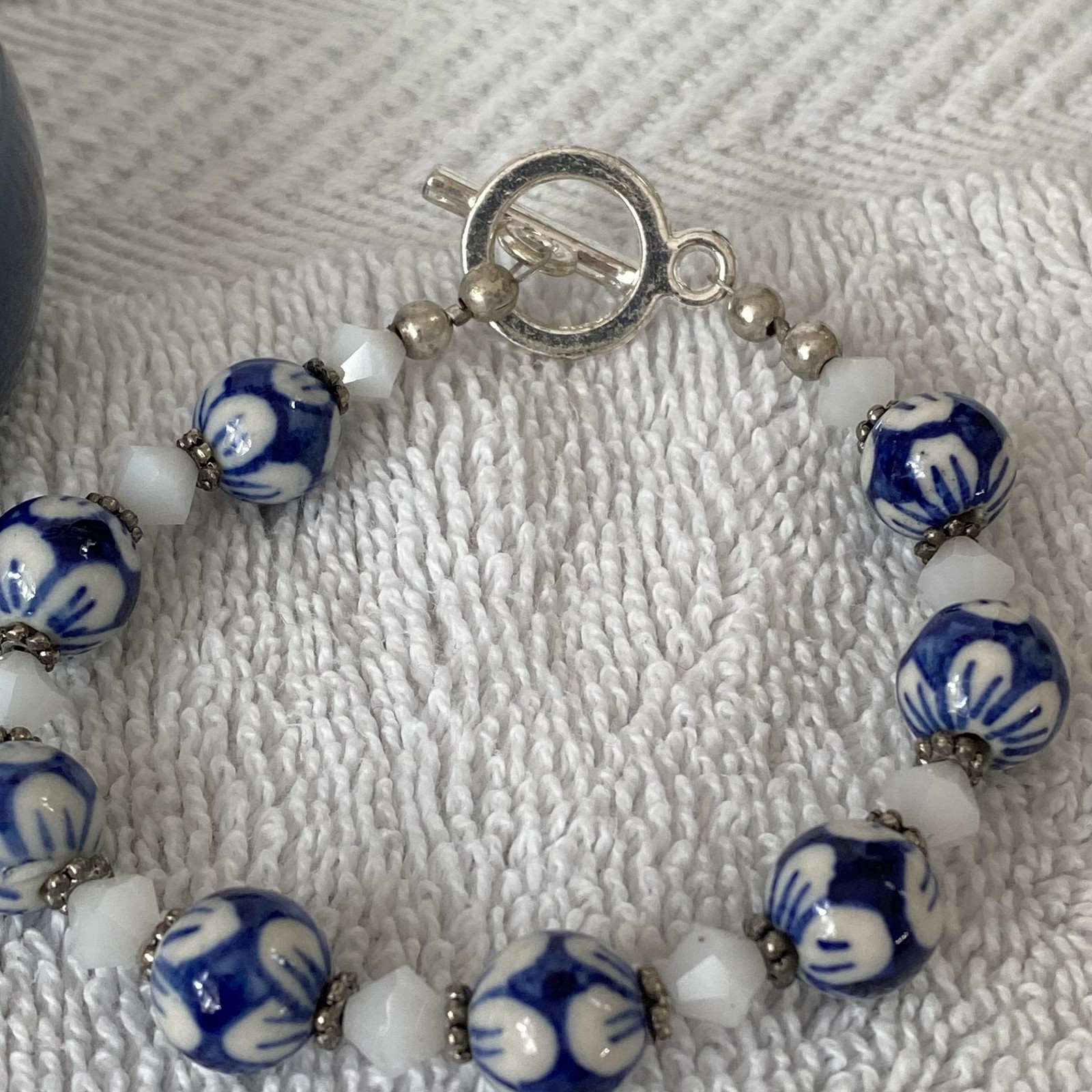 Blue Womens Bracelet Set Lot Of 3 Bangle Gemstone Porcelain Beads Boho 7.8 In